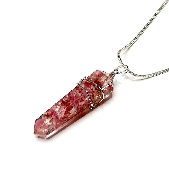 Pink Tourmaline Orgonite Pendant Wire Wrapped With Chain, Pink Tourmaline Pendant Necklace