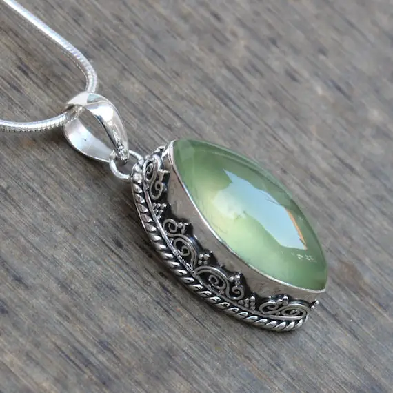 Prehnite Necklace, Sterling Silver Jewelry, Gift For Her, Natural Green Prehnite Handmade Pendant, Statement Jewelry, Stone Of Prophecy