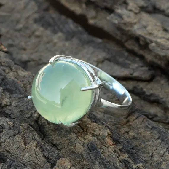 Prehnite Gemstone Ring, Prehnite And 925 Sterling Silver, Prong Set Prehnite Ring, Round Prehnite Gift Ring ,natural Prehnite Gemstone Ring