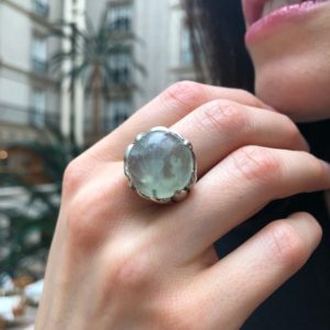 Shop Prehnite Rings! Prehnite Ring, Natural Prehnite, May Birthstone, Round Ring, Light Green Ring, Round Stone Ring, Statement Ring, May Ring, Solid Silver Ring | Natural genuine Prehnite rings, simple unique handcrafted gemstone rings. #rings #jewelry #shopping #gift #handmade #fashion #style #affiliate #ad