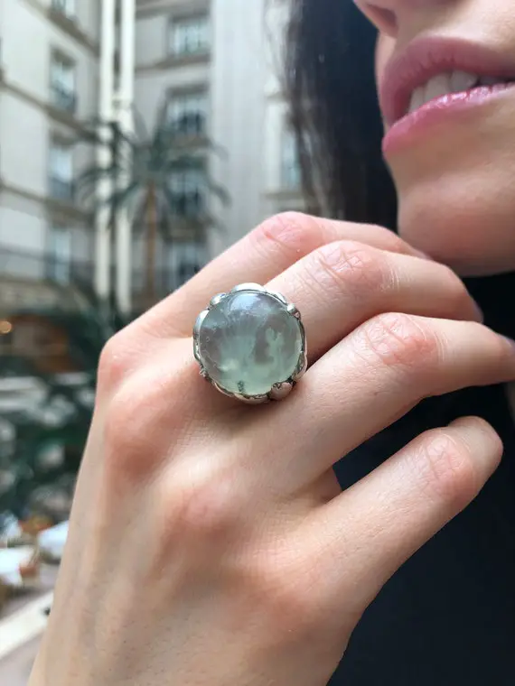 Prehnite Ring, Natural Prehnite, May Birthstone, Round Ring, Light Green Ring, Round Stone Ring, Statement Ring, May Ring, Solid Silver Ring
