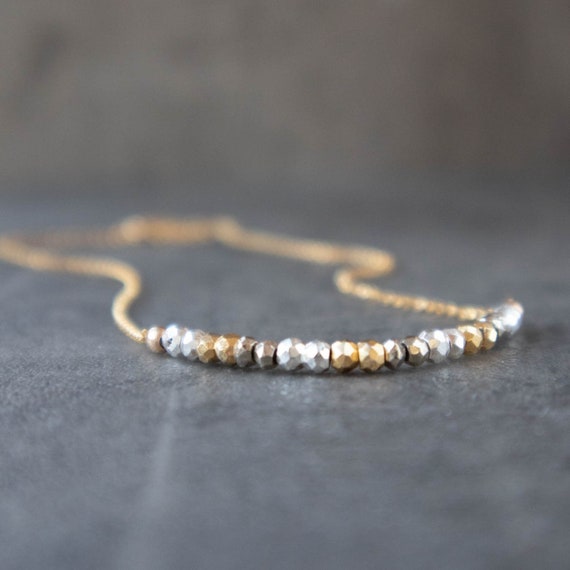 Pyrite Necklace, Minimalist Layering Necklaces For Women, Crystal Protection Necklace, Dainty Beaded Gemstone Jewelry, Gift For Her