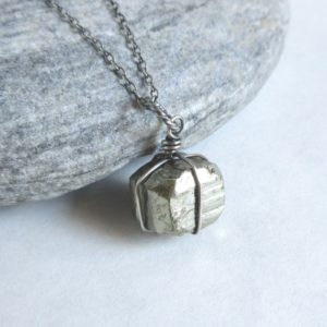 Pyrite Sterling Silver Necklace, Rough Cube Pendant, Rustic Wire Wrapped Jewelry | Natural genuine Pyrite pendants. Buy crystal jewelry, handmade handcrafted artisan jewelry for women.  Unique handmade gift ideas. #jewelry #beadedpendants #beadedjewelry #gift #shopping #handmadejewelry #fashion #style #product #pendants #affiliate #ad