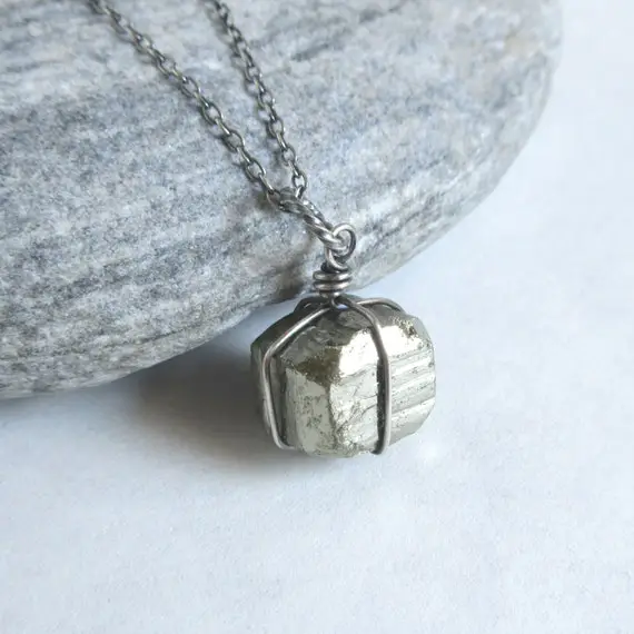 Pyrite Sterling Silver Necklace, Rough Cube Pendant, Rustic Wire Wrapped Jewelry