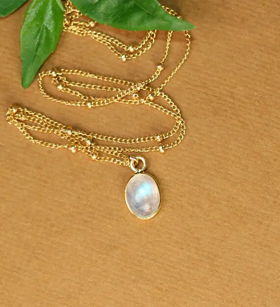 Moonstone Necklace - Rainbow Moonstone -dew Drops - June Birthstone - A Tiny Gold Lined Moonstone On A 14k Gold Filled Satellite Chain