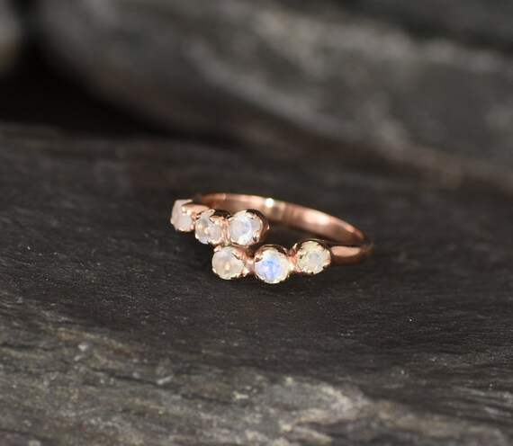 Moonstone Band, Rose Gold Ring, Natural Rainbow Moonstone, June Birthstone, Asymmetric Ring, Stackable Band, Gold Plated Ring, Vermeil Ring