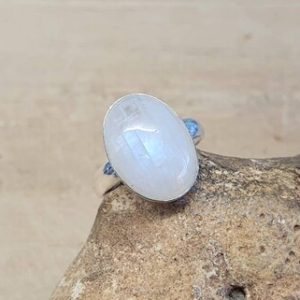 Shop Rainbow Moonstone Rings! Simple oval Rainbow moonstone Ring. Reiki jewelry. June Birthstone adjustable ring. 14x10mm gemstone. 925  sterling silver rings for women | Natural genuine Rainbow Moonstone rings, simple unique handcrafted gemstone rings. #rings #jewelry #shopping #gift #handmade #fashion #style #affiliate #ad