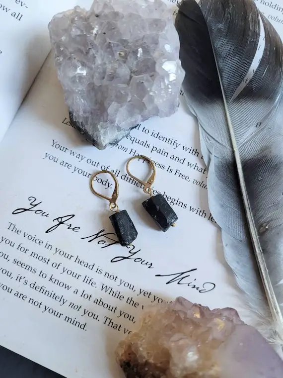 Raw Black Tourmaline Earrings  Minimalist Protection, Grounding, Stability, Psychic Attack