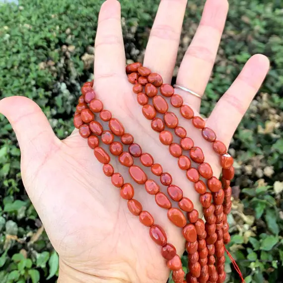 1 Strand/15" Natural Red Jasper Healing Gemstone 6mm To 8mm Free Form Oval Tumbled Pebble Stone Bead For Bracelet Earrings Jewelry Making