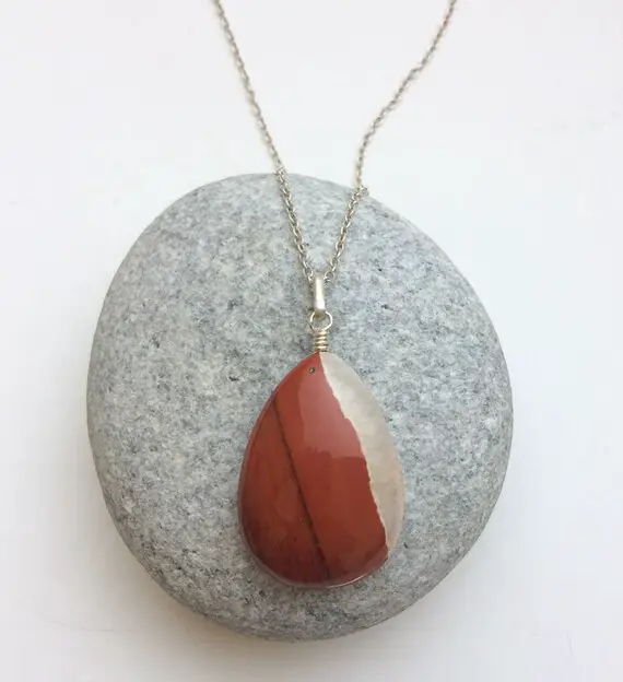 Red Jasper Pendant, Tricolor Jasper Pendant, Red And White Jasper, Red Stone Pendant, Teardrop Pendant, Half Transparent, Sterling Silver