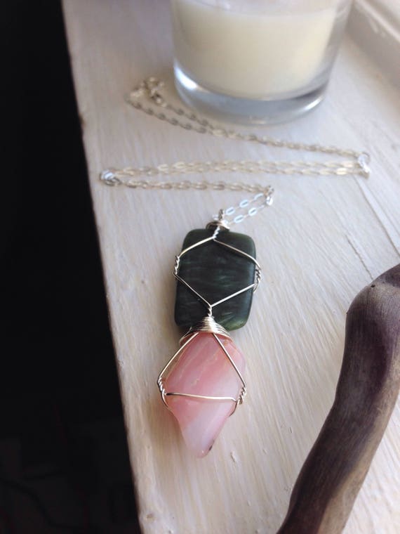 Silver Rhodochrosite Necklace - Serephinite Necklace - Best Friend Crystal Pendant Gift - Silver Wire Wrapped Womans Pendant - Best Friend