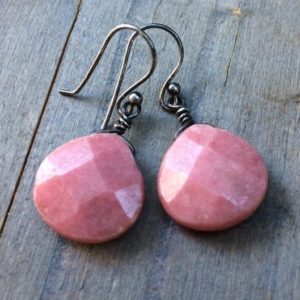 Pink Rhodonite dangle earrings, natural gemstone drops, sterling silver handmade jewelry. | Natural genuine Rhodonite earrings. Buy crystal jewelry, handmade handcrafted artisan jewelry for women.  Unique handmade gift ideas. #jewelry #beadedearrings #beadedjewelry #gift #shopping #handmadejewelry #fashion #style #product #earrings #affiliate #ad