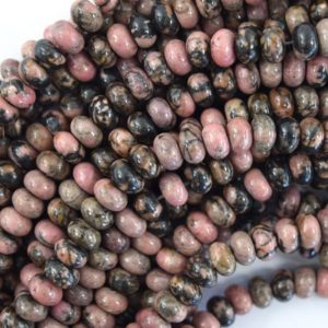 Shop Rhodonite Rondelle Beads! 8mm natural black pink rhodonite rondelle button beads 15.5" strand | Natural genuine rondelle Rhodonite beads for beading and jewelry making.  #jewelry #beads #beadedjewelry #diyjewelry #jewelrymaking #beadstore #beading #affiliate #ad