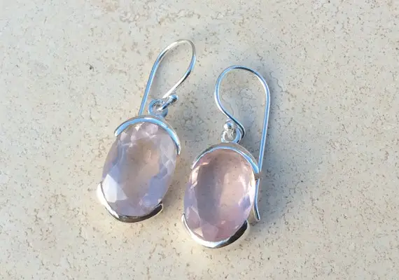 Gift For Mother In Law, Gemstone Silver Drop Earrings, Rose Quartz Oval Drops