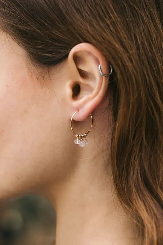 Rose Quartz Hoop Earrings. Boho Earrings Gift For Her. Rose Quartz Earrings Handmade. Gold Hoop Earrings. Beaded Earrings. Crystal Earrings.