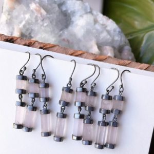 Shop Rose Quartz Earrings! Rose quartz earrings, raw crystal earrings, pink stone earrings, dangle earrings | Natural genuine Rose Quartz earrings. Buy crystal jewelry, handmade handcrafted artisan jewelry for women.  Unique handmade gift ideas. #jewelry #beadedearrings #beadedjewelry #gift #shopping #handmadejewelry #fashion #style #product #earrings #affiliate #ad