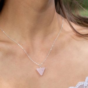 Rose Quartz Triangle Necklace – Rose Quartz Necklace – Long Rose Crystal Quartz Necklace – Pink Crystal Quartz Necklace – Love Quartz | Natural genuine Array jewelry. Buy crystal jewelry, handmade handcrafted artisan jewelry for women.  Unique handmade gift ideas. #jewelry #beadedjewelry #beadedjewelry #gift #shopping #handmadejewelry #fashion #style #product #jewelry #affiliate #ad