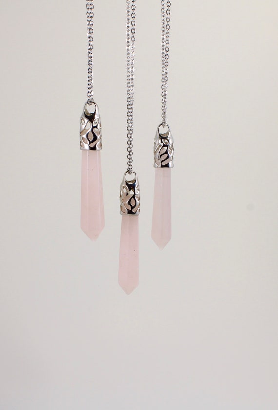 Rose Quartz Reiki Necklace, Point Pendant, Point Necklace, Rose Quartz, Stainless Steel, Chain,necklace,gemstone, Healing, Pink, Silver,gift