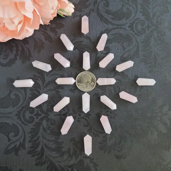 Tiny Rose Quartz Dt Crystal Wands 0.8", Bulk Lots Of Double Terminated Faceted Points For Jewelry Making, Reiki, Or Crystal Grids