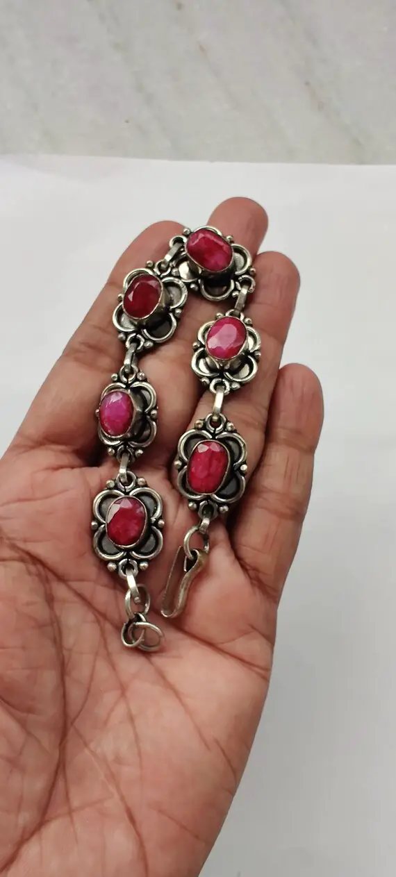 Ruby And Metal Bracelet, Genuine Ruby Bracelet ,statement Bracelet, Red Ruby Bracelet ,july Birthstone, Gift Bracelet[dyed]