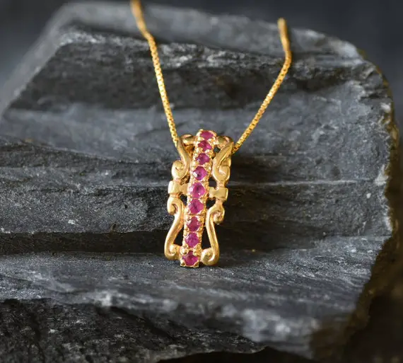 Gold Ruby Pendant, Antique Pendant, Natural Ruby, Vertical Necklace, July Birthstone, Vintage Pendant, Tiara Pendant, Crown Pendant, Vermeil