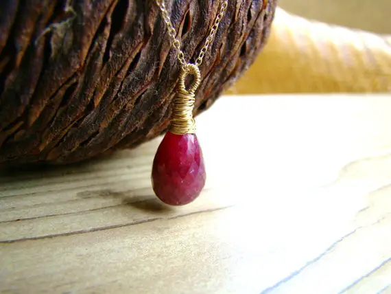 Natural Red Ruby Pendant.  14k Gold. Indian Ruby Necklace.  Wire Wrapped. Burgundy Ruby.  Teardrop Ruby Stone. July Birthstone