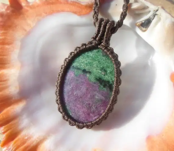 Ruby Zoisite Necklace, Macrame Stone Pendant, Ruby In Zoisite Pendant, Healing Crystal Necklace, Natural Gemstone