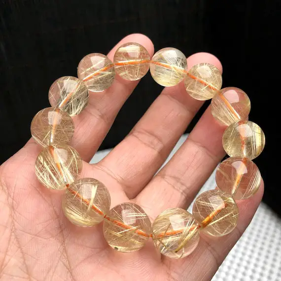 16mmnatural Clear Golden Hair Quartz Crystal Bracelet,stunning Golden Rutilated Quartz,big Round Bead,jewelry Making Design Stretch Bracelet