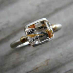 Rutilated Quartz Ring, 14k Gold Ring with  Argentium Sterling Silver, Emerald Cut Gemstone Ring | Natural genuine Gemstone rings, simple unique handcrafted gemstone rings. #rings #jewelry #shopping #gift #handmade #fashion #style #affiliate #ad
