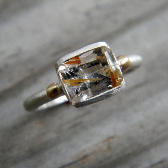 Rutilated Quartz Ring, 14k Gold Ring With  Argentium Sterling Silver, Emerald Cut Gemstone Ring