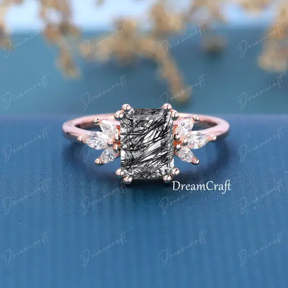 Black Rutilated Quartz Engagement Ring Rose Gold Emerald Cut  Vintage Diamond Cluster Diamond Moissanite Ring Women Bridal Promise  Ring
