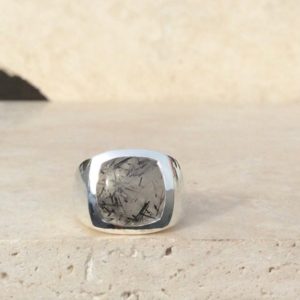 Shop Rutilated Quartz Rings! Mens Silver Ring with Stone, Black Rutile Quartz Gemstone Ring, Gift For Dad Or Husband | Natural genuine Rutilated Quartz mens fashion rings, simple unique handcrafted gemstone men's rings, gifts for men. Anillos hombre. #rings #jewelry #crystaljewelry #gemstonejewelry #handmadejewelry #affiliate #ad