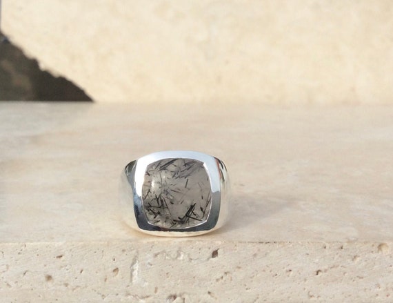 Mens Silver Ring With Stone, Black Rutile Quartz Gemstone Ring, Gift For Dad Or Husband