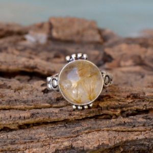 Shop Rutilated Quartz Rings! Natural Golden Rutilated Quartz Ring, Rutile Ring, 925 Sterling Silver Ring, Round Rutilated Quartz Gift Ring, Designer Handmade Gift Ring | Natural genuine Rutilated Quartz rings, simple unique handcrafted gemstone rings. #rings #jewelry #shopping #gift #handmade #fashion #style #affiliate #ad