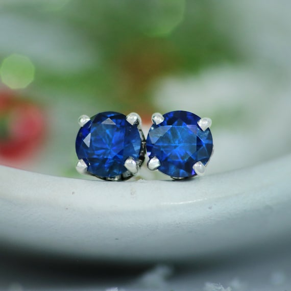 Deep Blue Sapphire Stud Earrings, Sterling Silver Sapphire Earrings, September Birthstone, Sapphire Post Earrings | Moonkist Designs