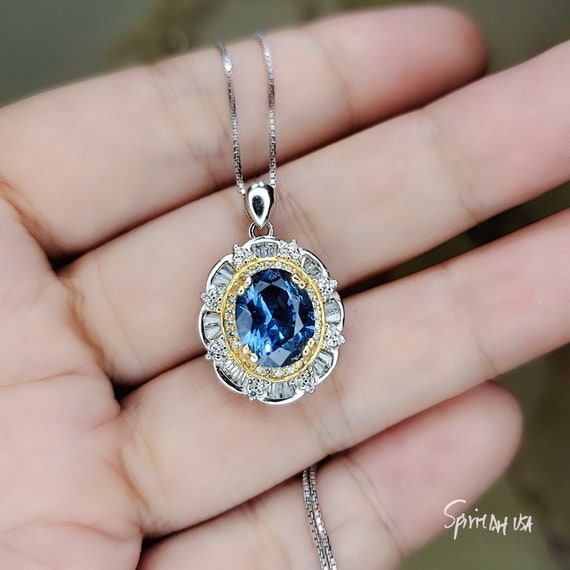 Blue Sapphire Lotus Flower Necklace Gemstone Gold Halo 3 Ct Oval Blue Gemstone Pendant Sterling Silver White Gold Plated  Jewelry #720