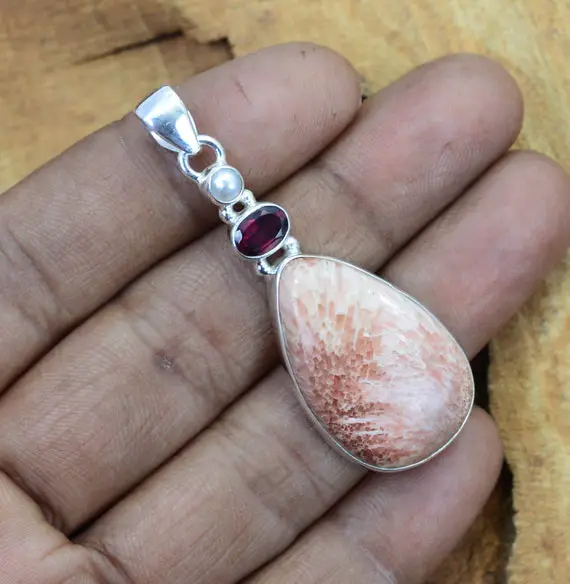 Pink Scolecite 925 Sterling Silver Gemstone Pendant ~pear Shape Pendant ~ Natural Stone ~ Red Garnet~gemstone Pendant ~ Gift For Anniversary