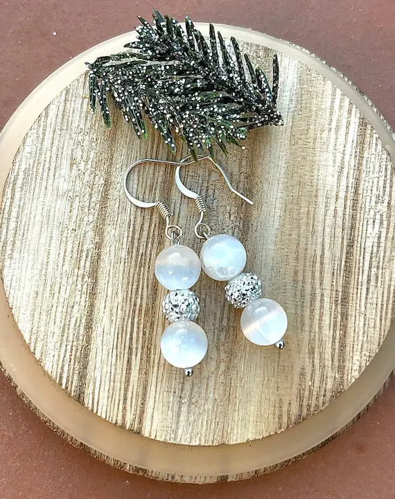 Selenite Earrings, Gemstone Earrings, Dangle Earrings, Selenite Jewelry, Holiday Jewelry, Beaded Jewelry, Gifts For Her, Crystal Earrings