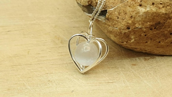 Minimalist Selenite Heart Pendant Necklace. Crystal Reiki Jewelry Uk. Sterling Silver Necklace. Wire Wrap Pendant