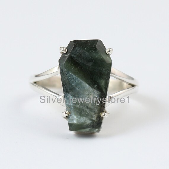 Seraphinite Coffin Ring , Coffin Gemstone Ring, 925 Solid Sterling Silver Ring, Natural Stone Ring,  Women Ring, 10x17 Mm Coffin Ring