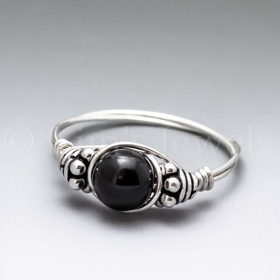 Shungite Bali Sterling Silver Wire Wrapped Gemstone Bead Ring - Made To Order, Ships Fast!
