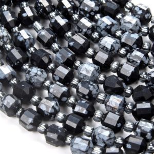 Shop Snowflake Obsidian Faceted Beads! 6MM Snowflake Obsidian Gemstone Grade AA Faceted Prism Double Point Cut Loose Beads BULK LOT 1,2,6,12 and 50 (D111) | Natural genuine faceted Snowflake Obsidian beads for beading and jewelry making.  #jewelry #beads #beadedjewelry #diyjewelry #jewelrymaking #beadstore #beading #affiliate #ad