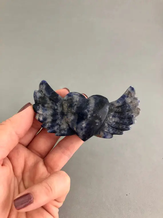One Dark Blue Sodalite Heart With Wings Carving (3 11/16") For Inspiration, Emotional Balance, Crystal Healing, Crystal Heart, Third Eye