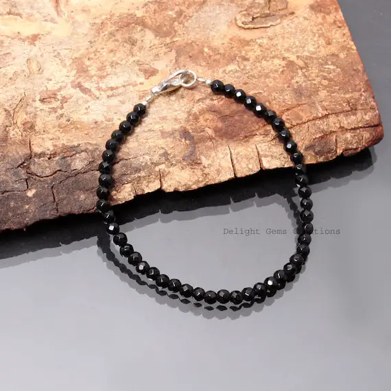Sparkling Black Spinel Beaded Bracelet-4.5mm Faceted Round Gemstone Bracelet-minimalist Bracelet-tiny Beads Bracelet-unisex Spinel Jewelry