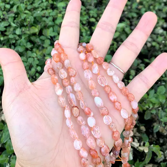 1 Strand/15" Natural Gold Sheen Sunstone Healing Gemstone 6mm To 8mm Free Form Oval Tumbled Pebble Stone Bead For Bracelet Jewelry Making