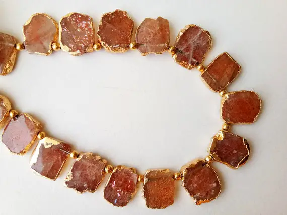 11-13mm Sunstone Slice Beads, Sunstone Electroplated Beads, Sunstone Necklace, Natural Sunstone Slices 7 Inch 15 Pieces - Pdg155