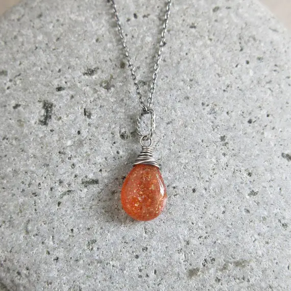 Sunstone Necklace, Oxidized Sterling Silver, Teardrop Pendant, Natural Orange Gemstone