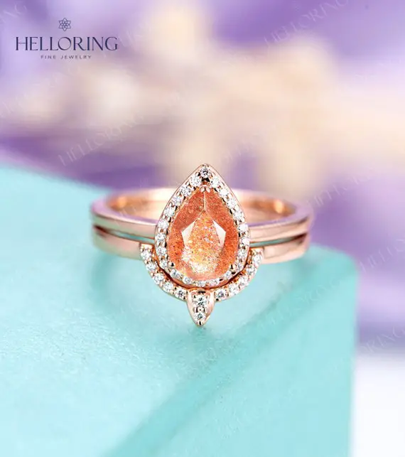 Vintage African Sunstone Engagement Ring Set Rose Gold Ring Diamond Moissanite Ring Bridal  Art Deco Prong Set Ring Promise Anniversary Ring