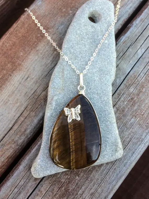 Tiger Eye Silver Pendant, Tiger Eye Butterfly Pendant, Natural Stone, Boho, Stone Pendant, Pear Shaped Tiger Eye, Brown And Silver, Gift