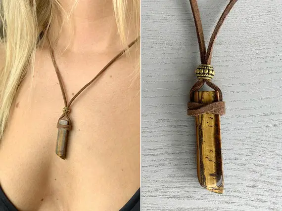 Tigers Eye Crystal Point Protection Pendant Necklace On Vegan Friendly Cord, Black Cord Crystal Necklace, Gift For Him, Tigers Eye Necklace